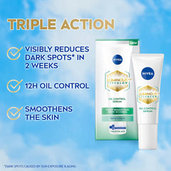 NIVEA oil control serum box and tube with triple action skin benefits graphic