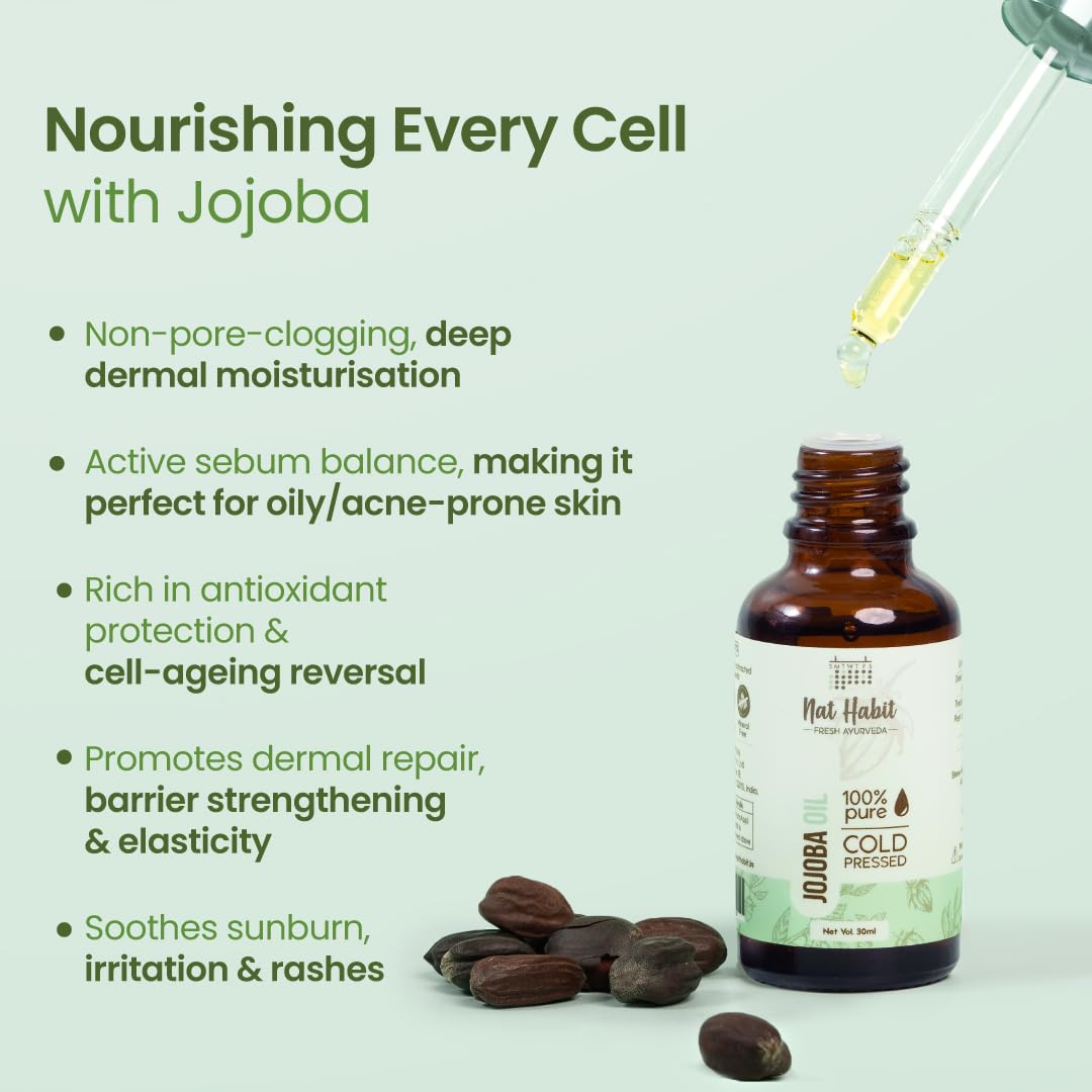 Nat Habit - Cold Pressed 100% Pure Jojoba Oil for Women & Men for Skin & Hair with Vitamin E, Omega-9, Mineral Free 30ml