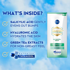 NIVEA oil control serum box and tube with salicylic acid and hyaluronic acid callouts