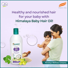Himalaya Baby Hair Oil bottle with caregiver scene and product banner.