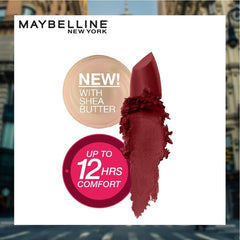 Burgundy creamy matte lipstick with capped tube and color swatch.
