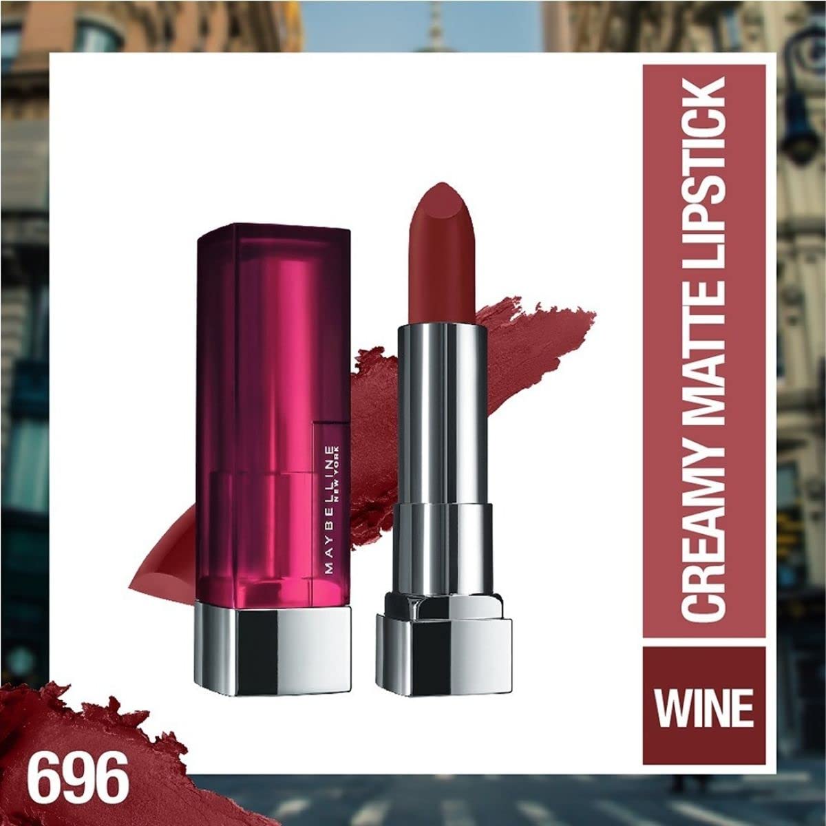 Burgundy Creamy Matte lipstick with tube and visible lip swatch.