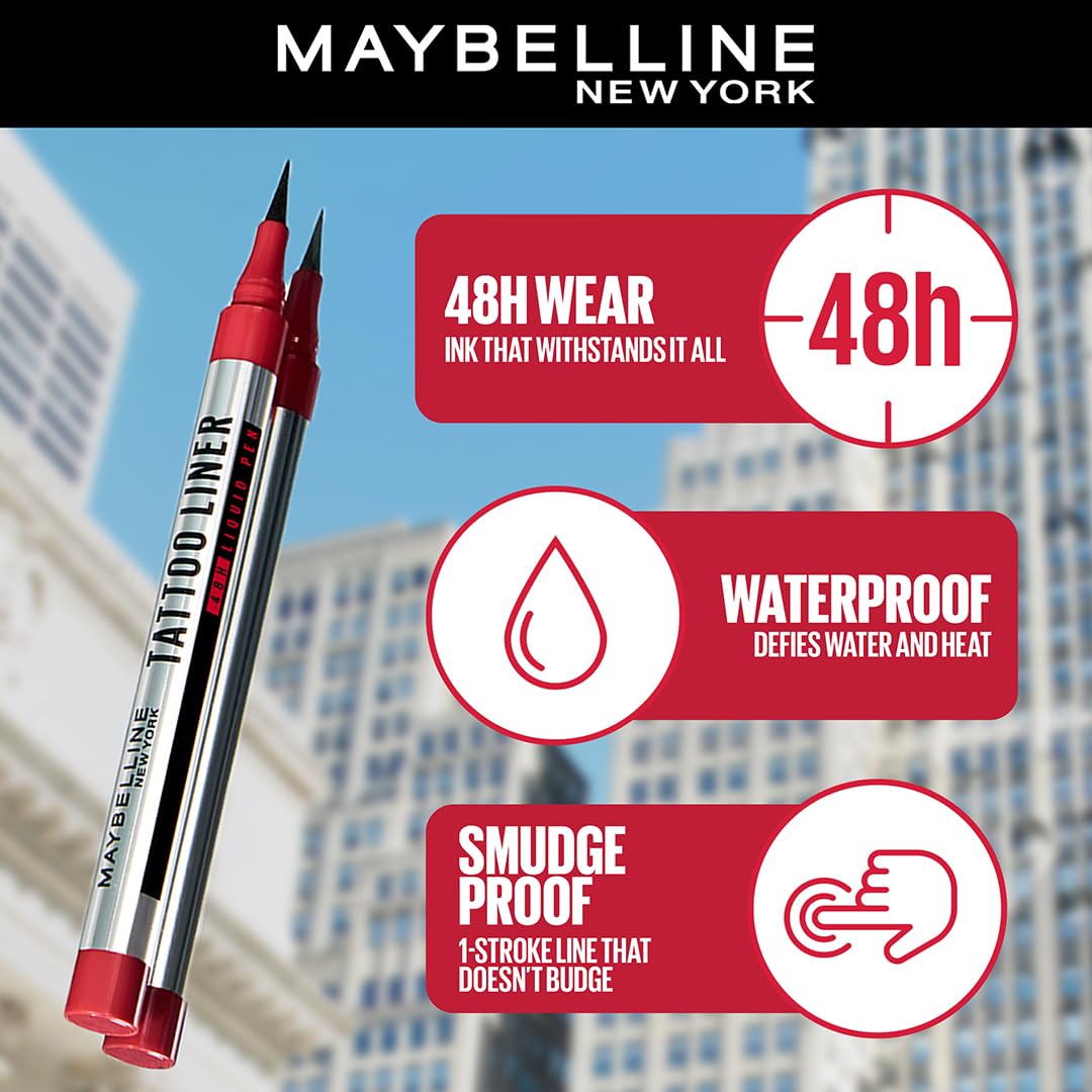 Maybelline - New York High Impact Tattoo Pen Liner, Lasts Up To 48H - Black, Water & Smudge-proof