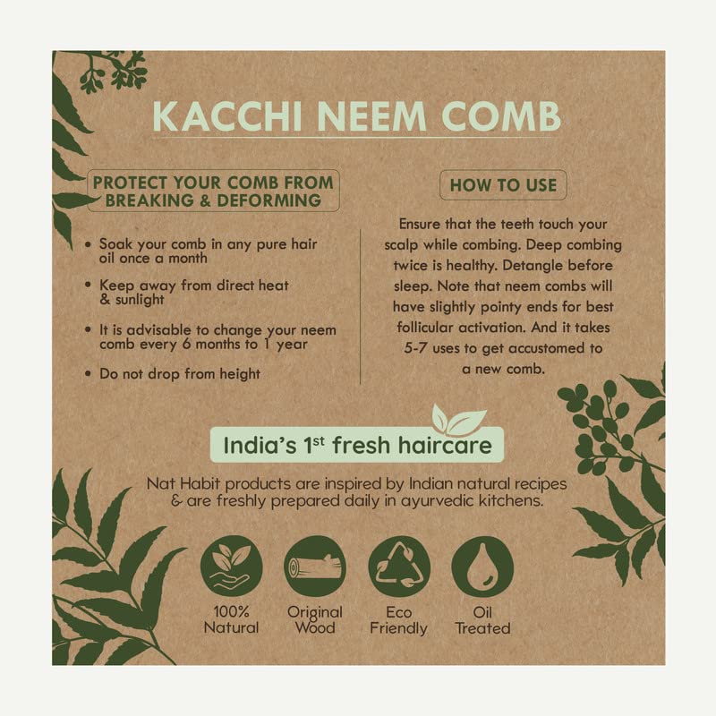 Nat Habit - Oil Treated Kacchi Neem Ayurvedic Wooden Comb - Wide Tooth for Gentle Detangling