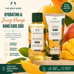 Mango hand care duo: amber hand cleanser gel bottle and white mango hand balm tube