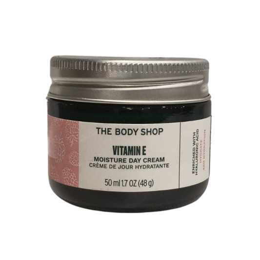 Vitamin E moisture day cream jar with black base and silver lid