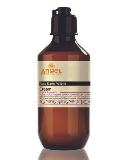 Angel Rose Elastic Volume Cream bottle, amber plastic with black pump cap