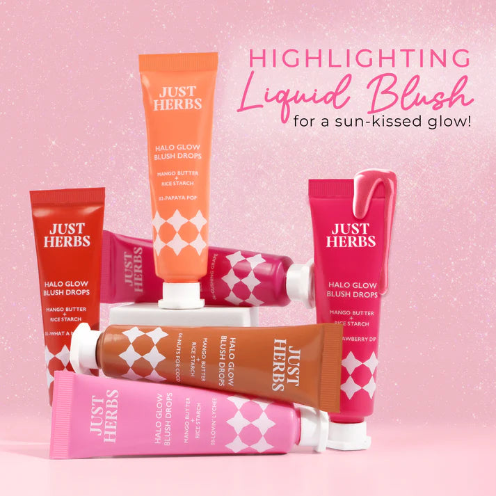 Just Herbs Halo Glow Blush Drops line-up with berry-pink liquid blush tubes