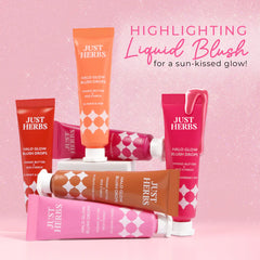 Just Herbs Halo Glow Blush Drops line-up with berry-pink liquid blush tubes