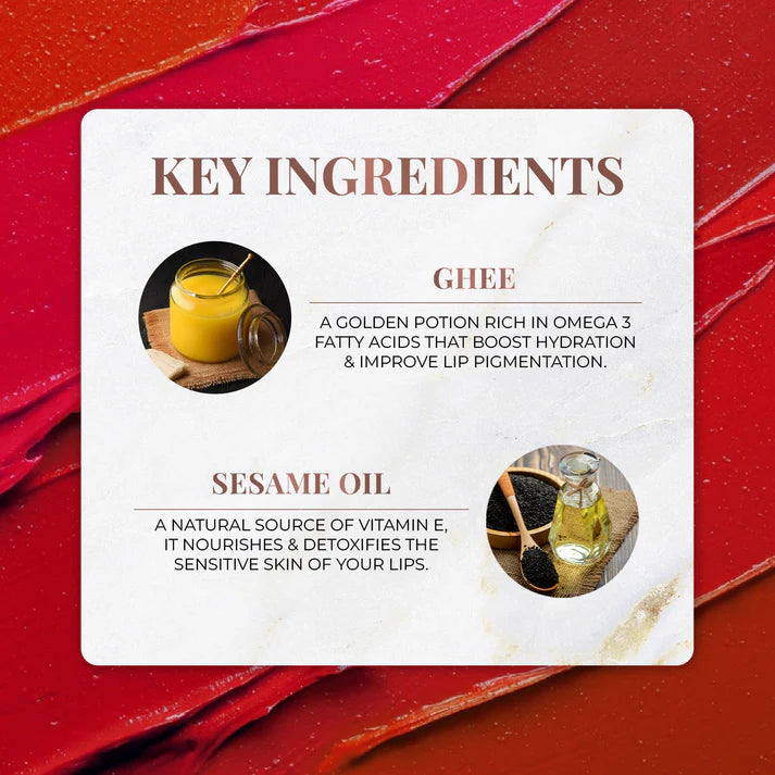 Key ingredients card for lip balm with ghee and sesame oil circles
