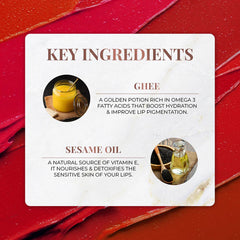Key ingredients card for lip balm with ghee and sesame oil circles