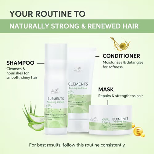 Wella Elements hair care bundle: shampoo, conditioner, mask bottles and jars