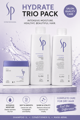 Wella SP Hydrate shampoo, conditioner, and 400 ml mask with moisture care claims
