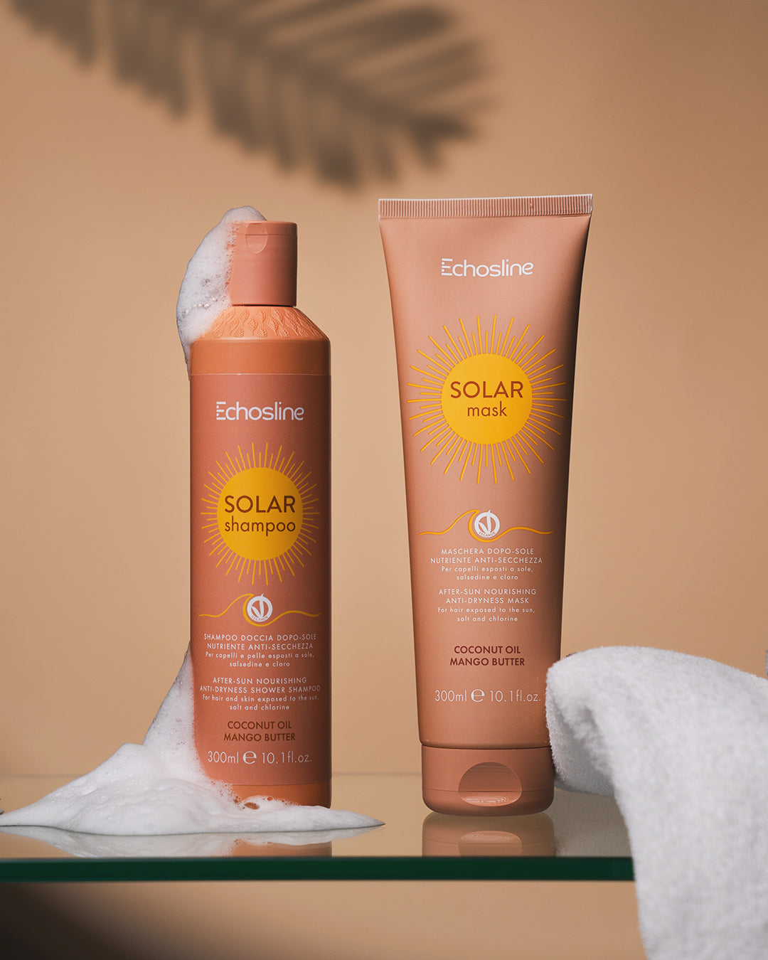 Solar shampoo bottle and Solar mask tube, peach-brown hair after-sun care