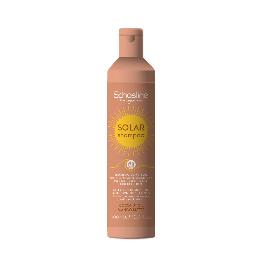Solar shampoo bottle for hair care, peach-brown with Solar shampoo label