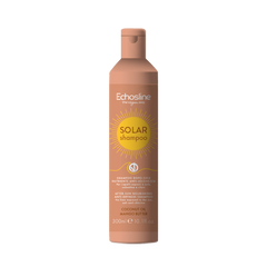Solar shampoo bottle for hair care, peach-brown with Solar shampoo label