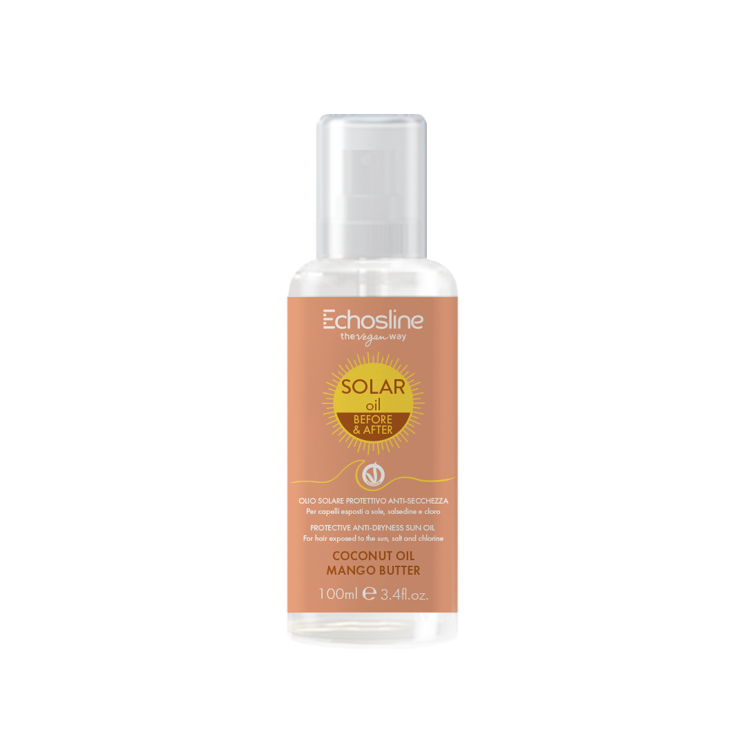 Solar oil bottle with white pump, peach-brown label for after-sun hair