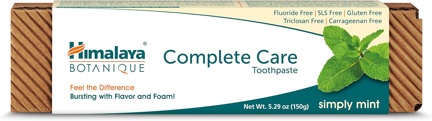 Mint Simply mint toothpaste box front with “Complete Care” label and mint leaf graphics.