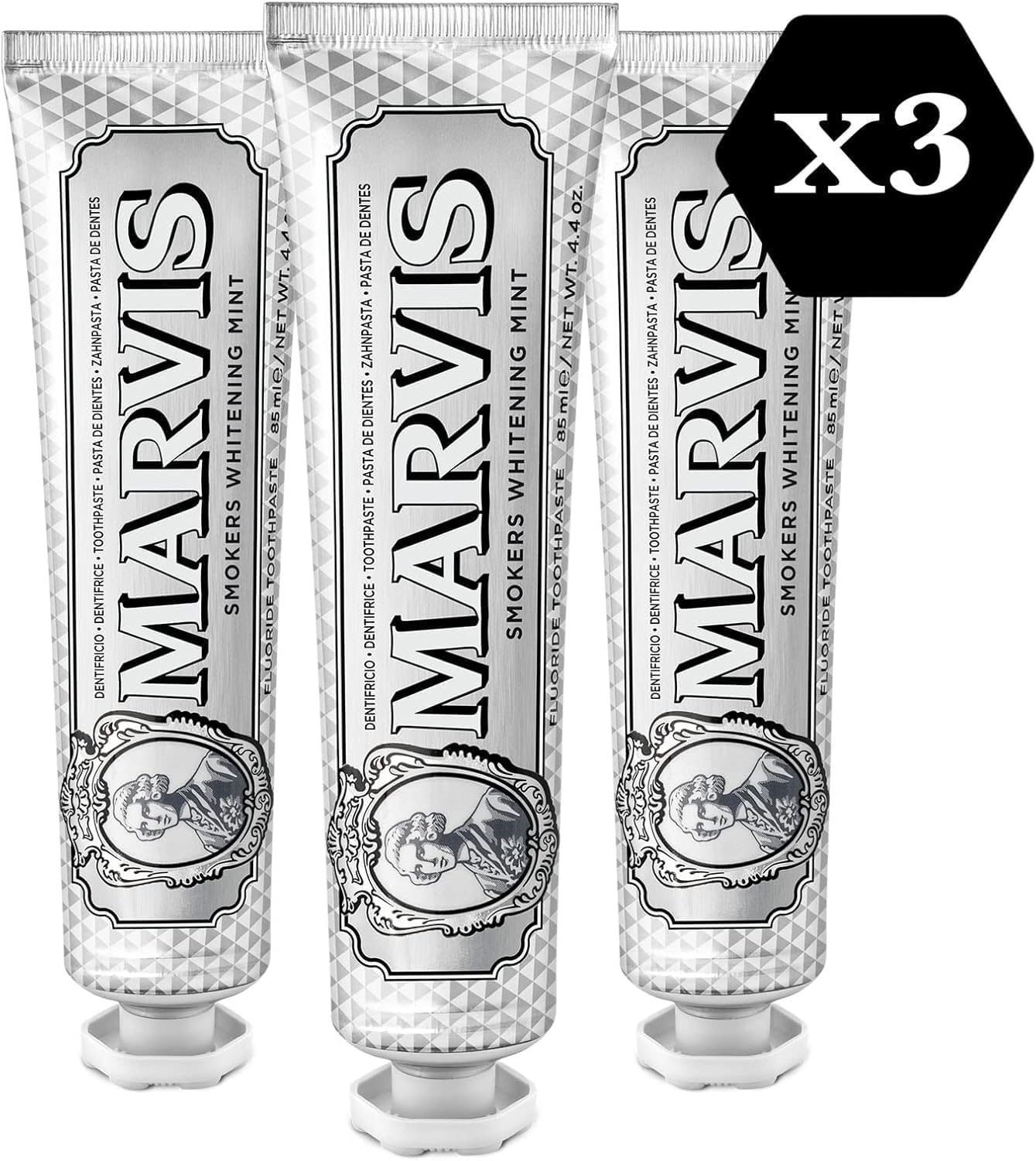 Marvis Smoker whitening mint toothpaste, 3-pack of silver tubes with mint label