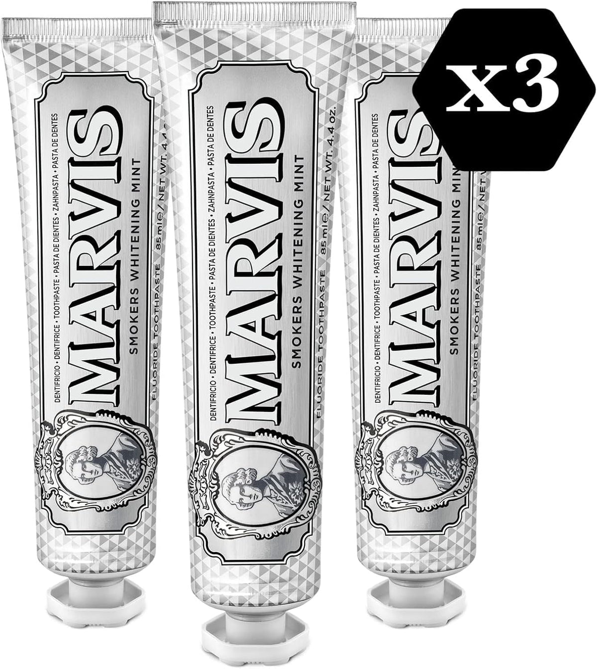 Marvis Smoker whitening mint toothpaste, 3-pack of silver tubes with mint label