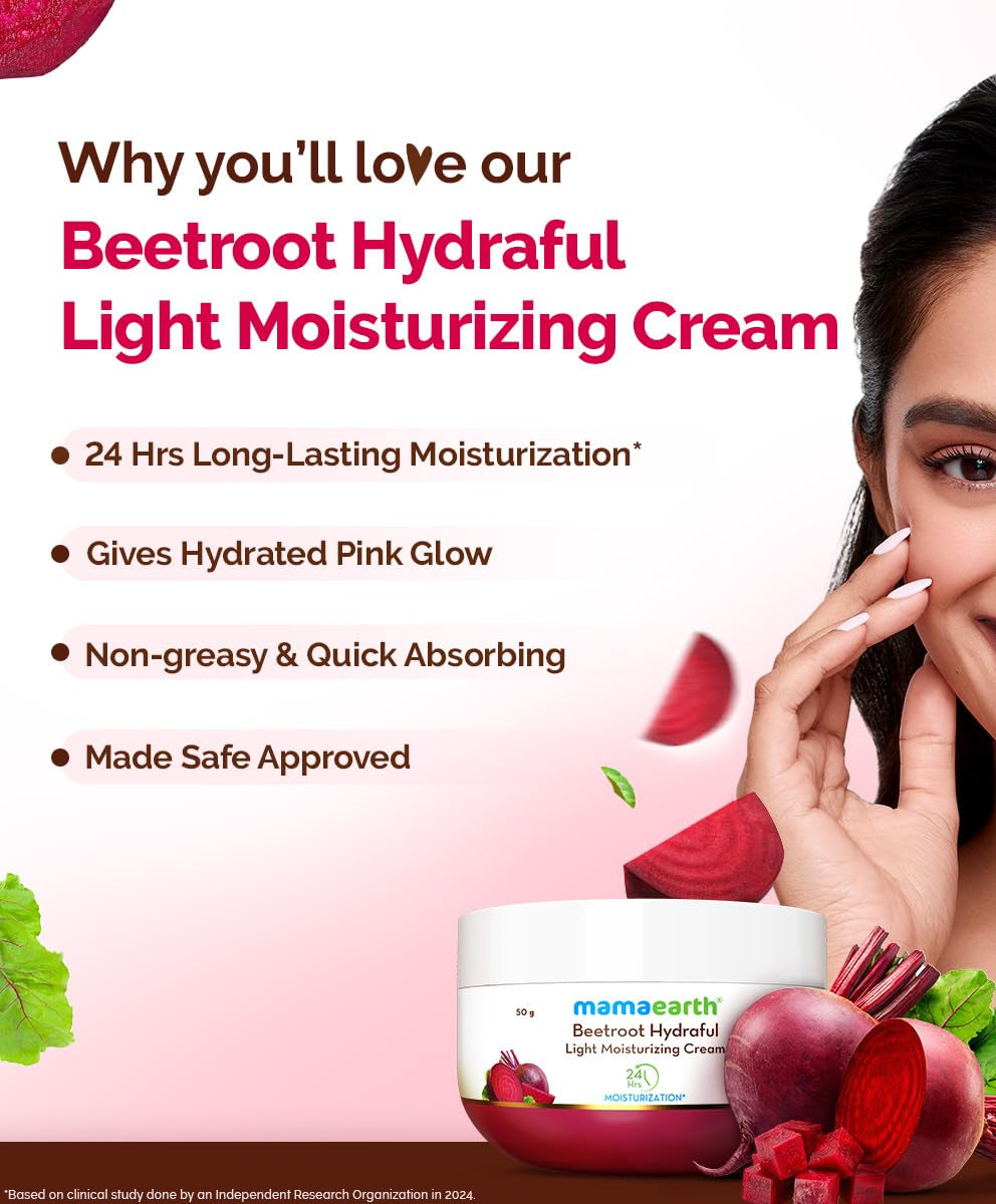 Mamaearth - Beetroot Hydraful Light Moisturizing Cream with Beetroot & Hyaluronic Acid for Hydrated Pink Glow 50g
