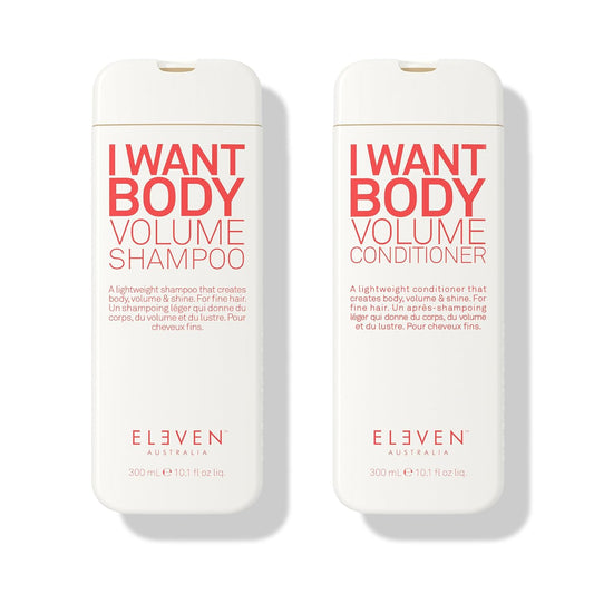 White bottles for I Want Body Volume Shampoo and Conditioner bundle, 300 ml each