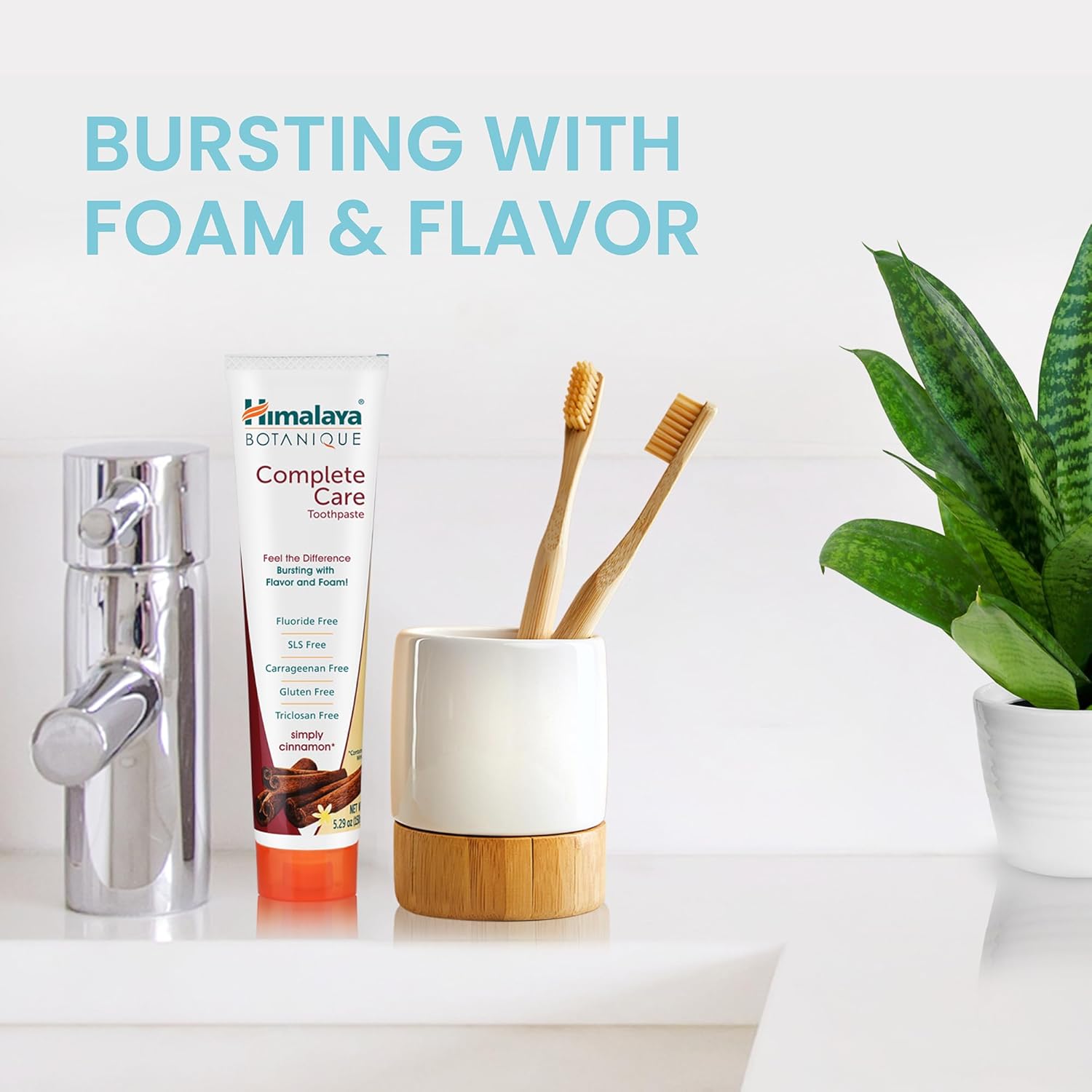 Toothpaste tube with cinnamon flavor, Himalaya Botanique Complete Care, standing