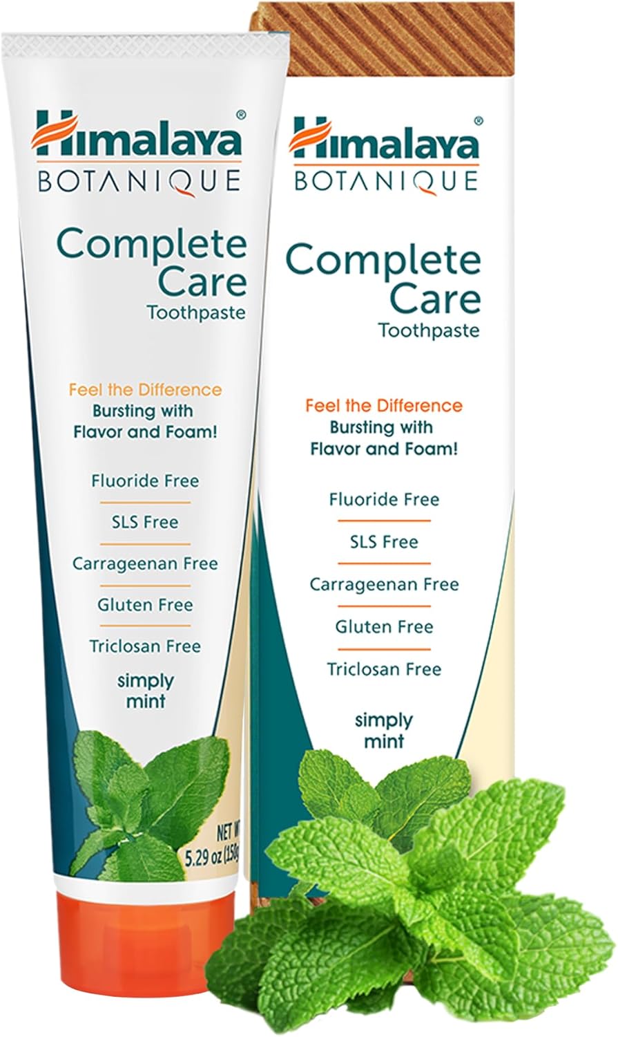 Mint toothpaste tubes with “Complete Care” branding and fresh mint leaves, 150g.