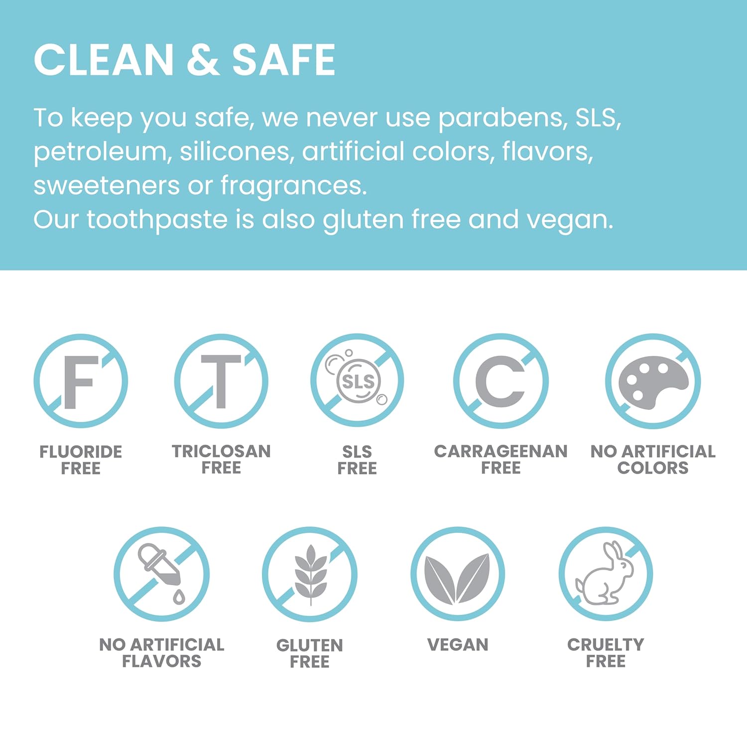 Toothpaste care icons: fluoride-free, SLS-free, Triclosan-free, vegan, cruelty-free