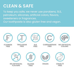Toothpaste care icons: fluoride-free, SLS-free, Triclosan-free, vegan, cruelty-free