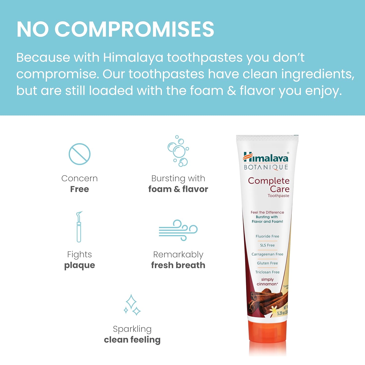 Toothpaste tube with cinnamon flavor, Himalaya Botanique Complete Care, fluoride-free