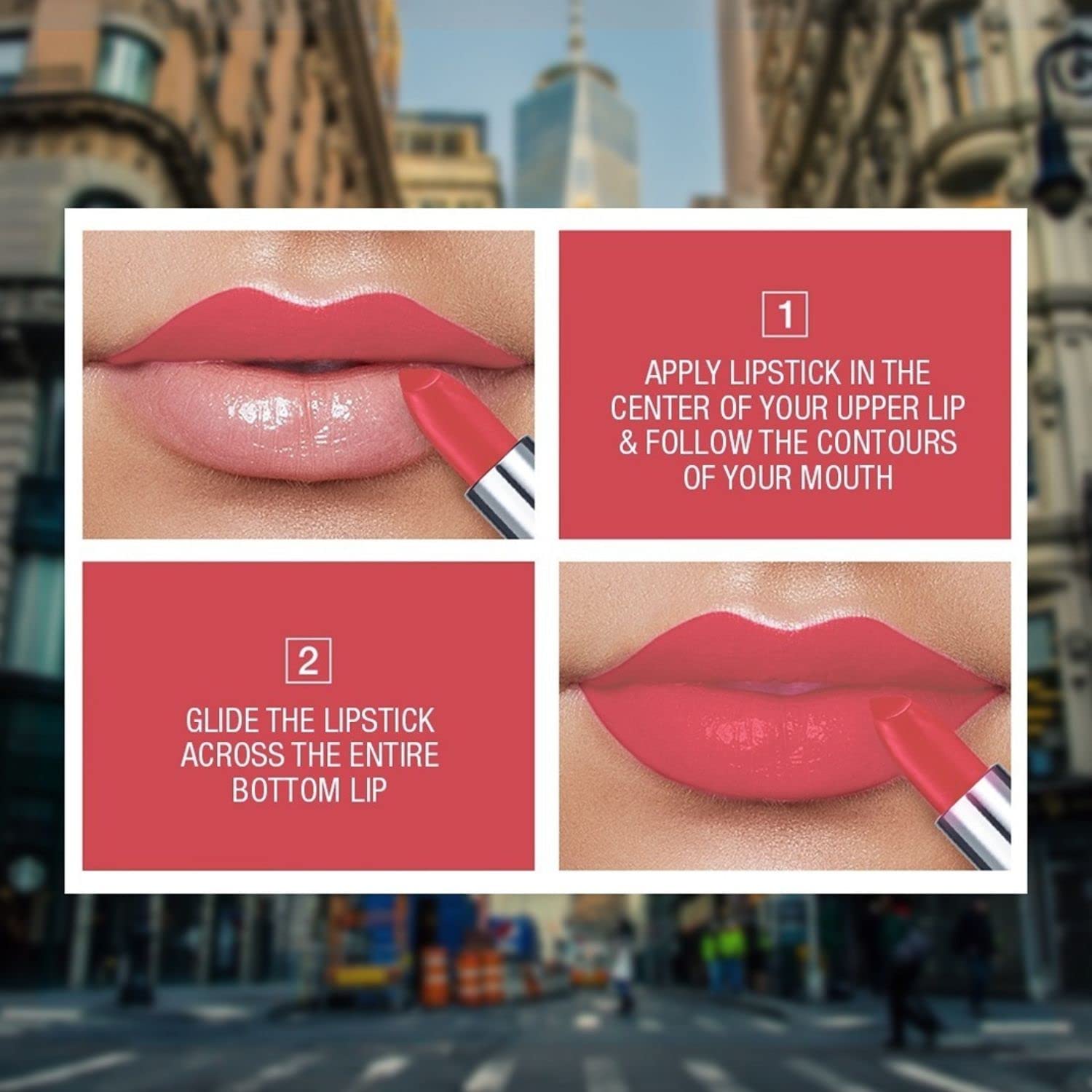 Heated pink lipstick application steps showing lips and lipstick bullet.