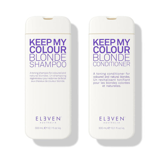 Blonde shampoo and conditioner bottles set, white with blue Keep My Colour labels