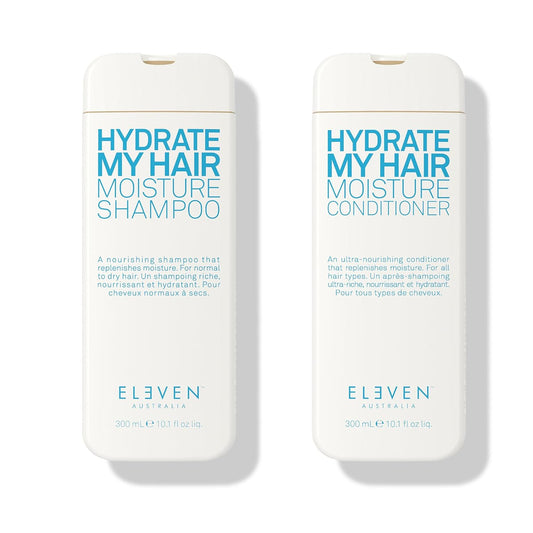 Shampoo and conditioner bottle set, white with blue labels, 300 ml