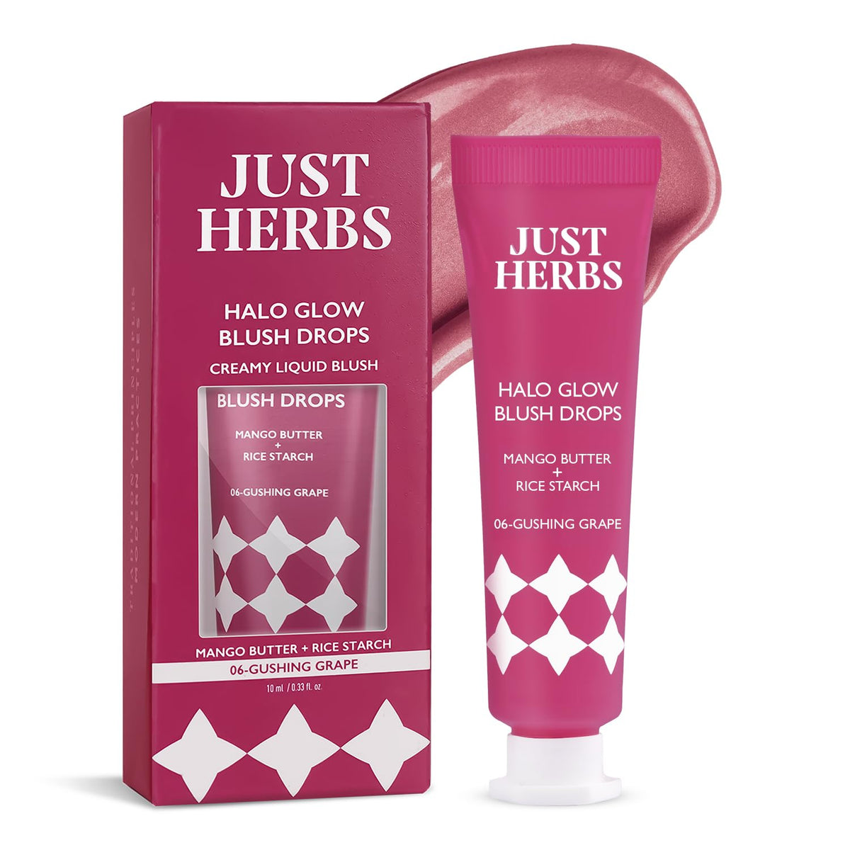 Just Herbs Halo Glow Blush Drops tube and box, deep berry-purple shade 06