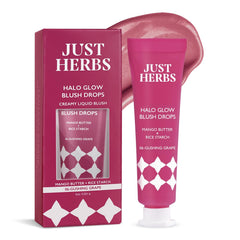 Just Herbs Halo Glow Blush Drops tube and box, deep berry-purple shade 06