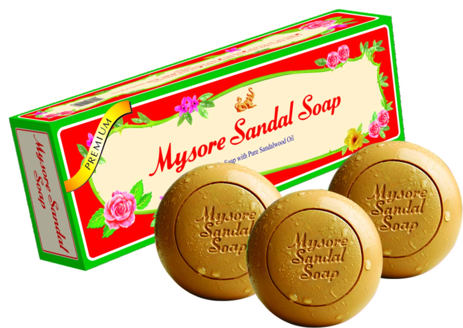 Sandal soap pack with three brown oval soaps, labeled Mysore Sandal Soap