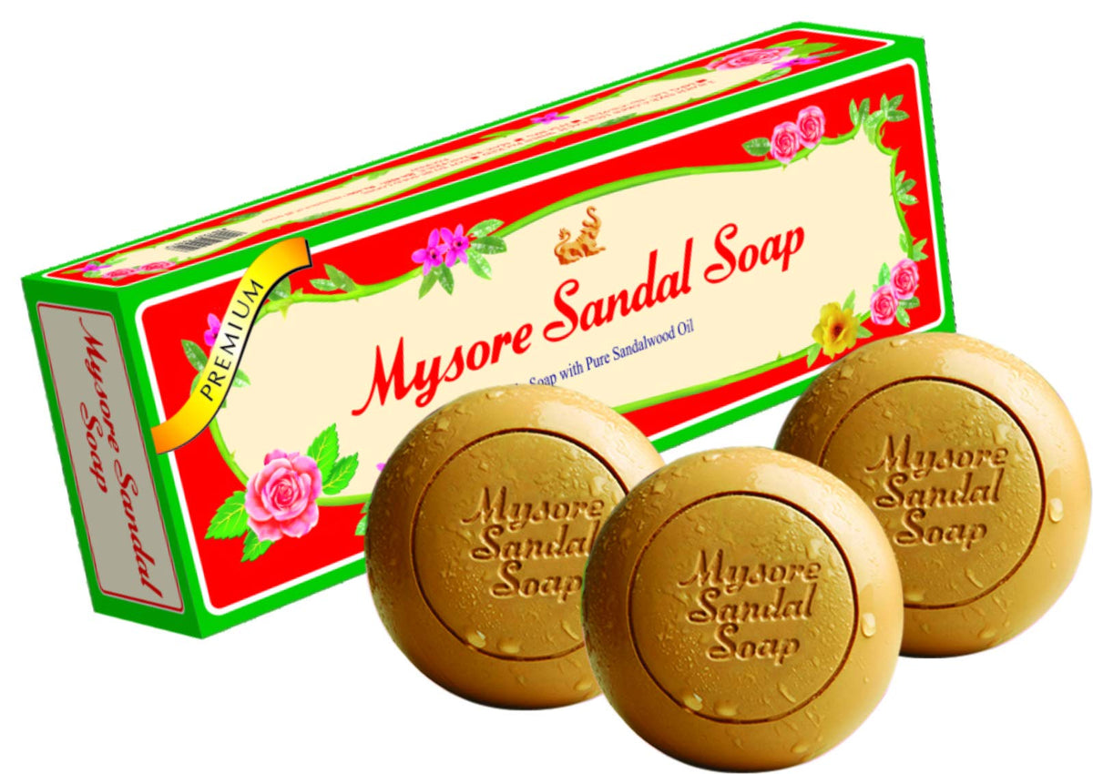 Sandal soap pack with three brown oval soaps, labeled Mysore Sandal Soap