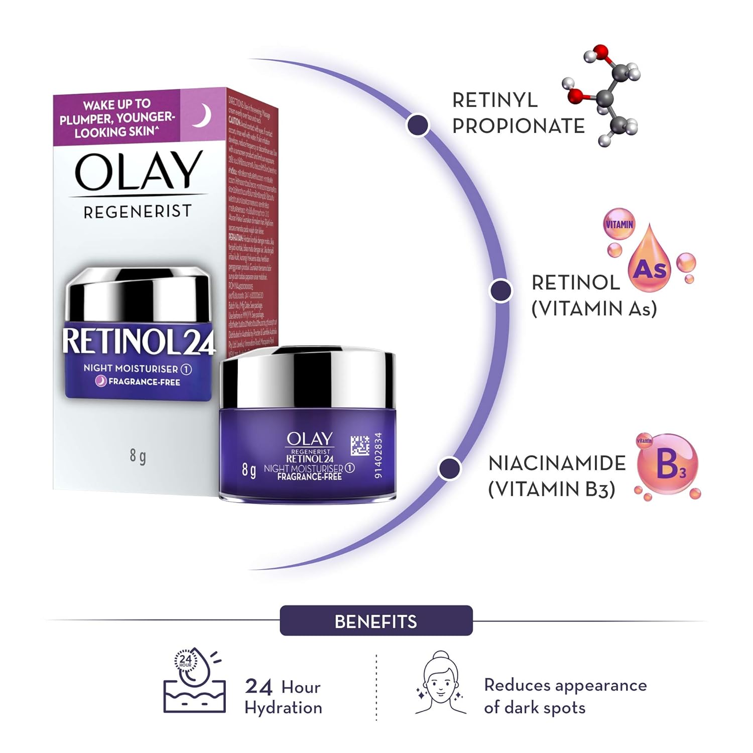 Olay Night Cream Mini: Regenerist Retinol 24 Moisturiser for hydrated plump smooth skin 8g
