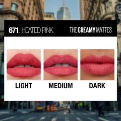 Heated pink creamy mattes lip swatch on light, medium, and dark lips.