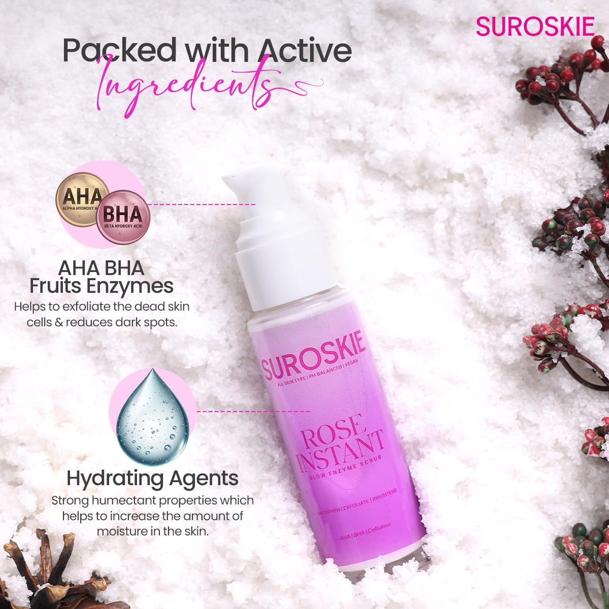 Suroskie - Rose Instant Glow Enzyme Scrub | Smoothen, Exfoliate & Brightens | 50ml
