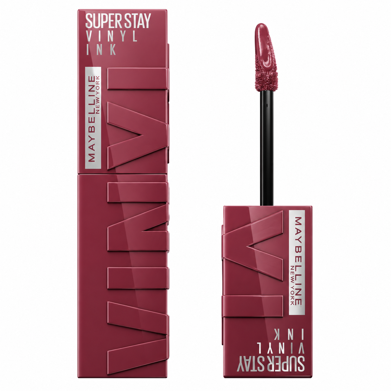 Liquid lipstick in dark berry shade, Maybelline Super Stay Vinyl Ink, tube and wand