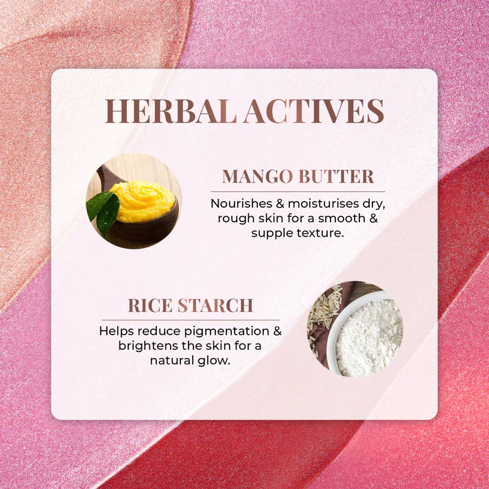 Herbalactives card featuring mango butter and rice starch for blush drops