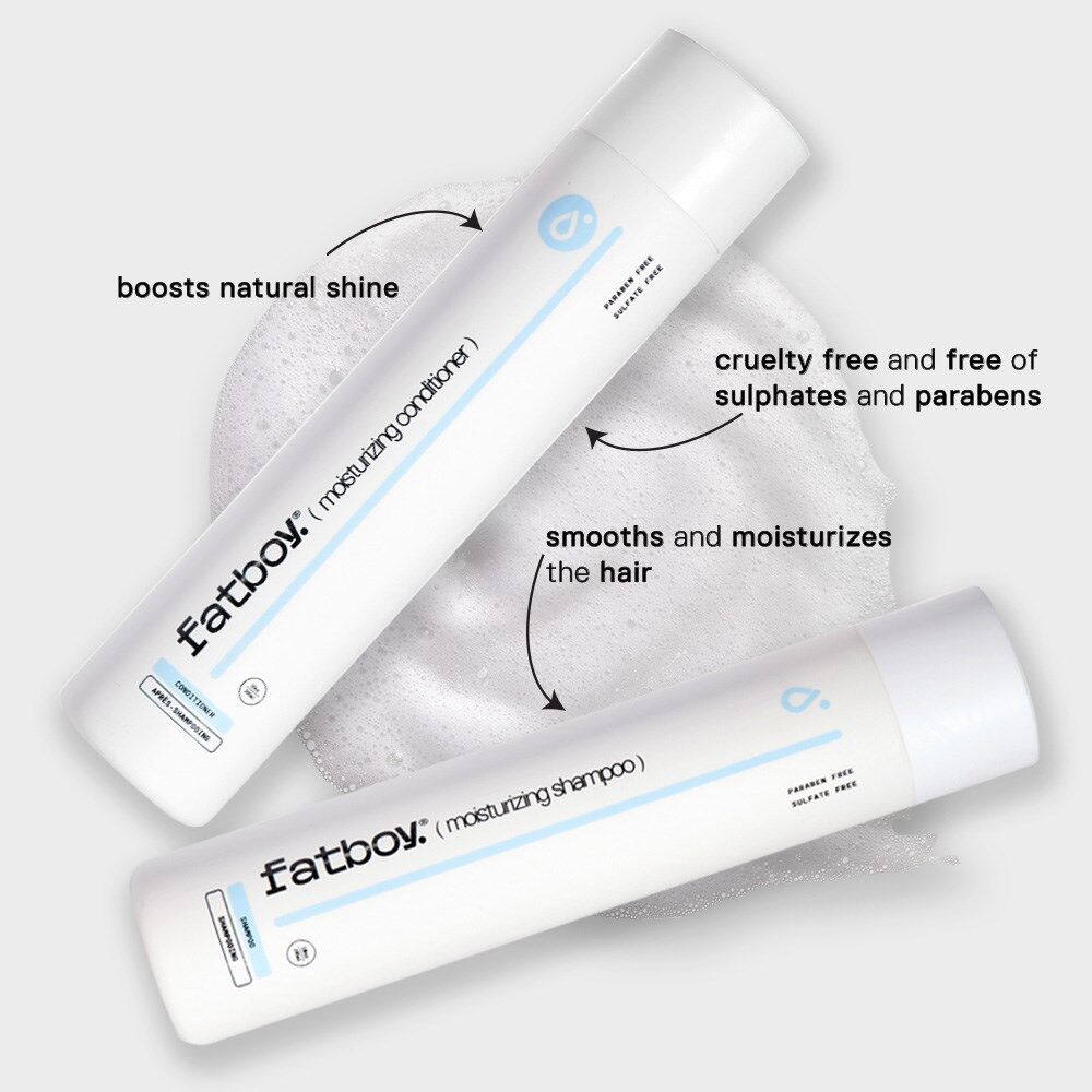 Fatboy moisturizing shampoo bottle with bubbles and shine-boost graphic