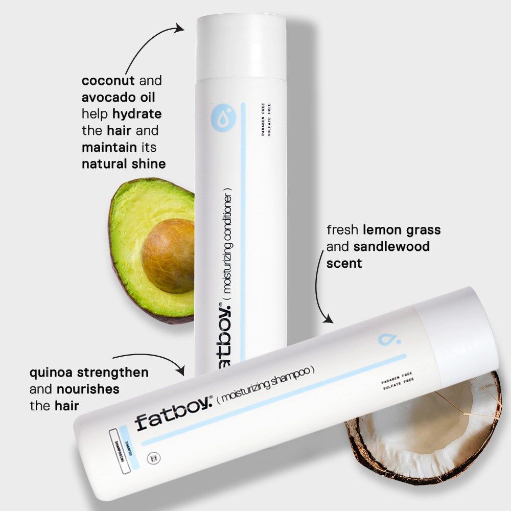 Fat Boy moisturizing conditioner bottle with coconut & avocado oil, lemon grass scent