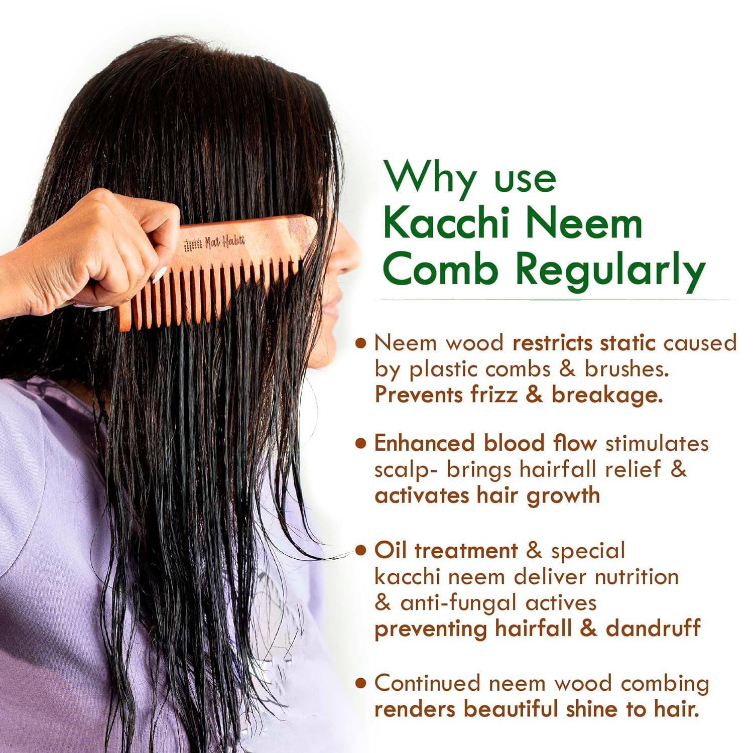 Nat Habit - Oil Treated Kacchi Neem Handmade Wooden Comb - Wide Tooth for Post Shampoo Detangling