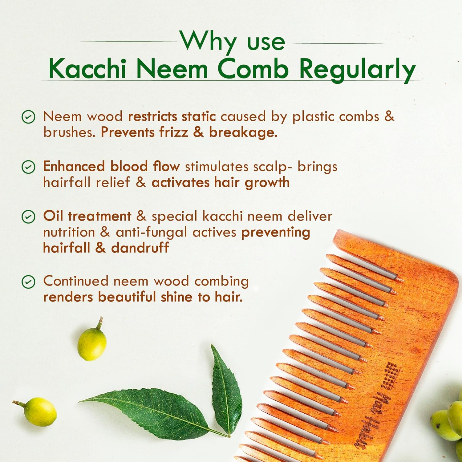 Nat Habit - Oil Treated Kacchi Neem Handmade Wooden Comb - Wide Tooth for Post Shampoo Detangling