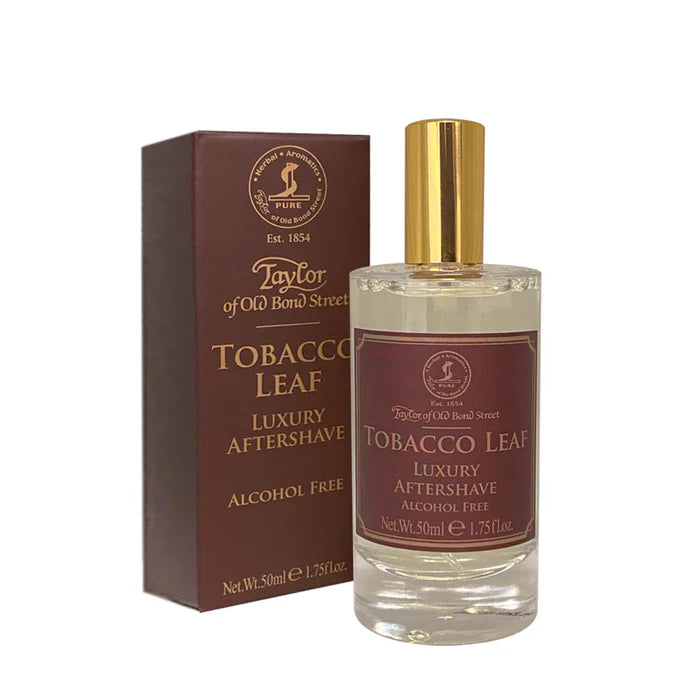Tobacco Leaf alcohol-free aftershave lotion bottle with gold cap and matching box