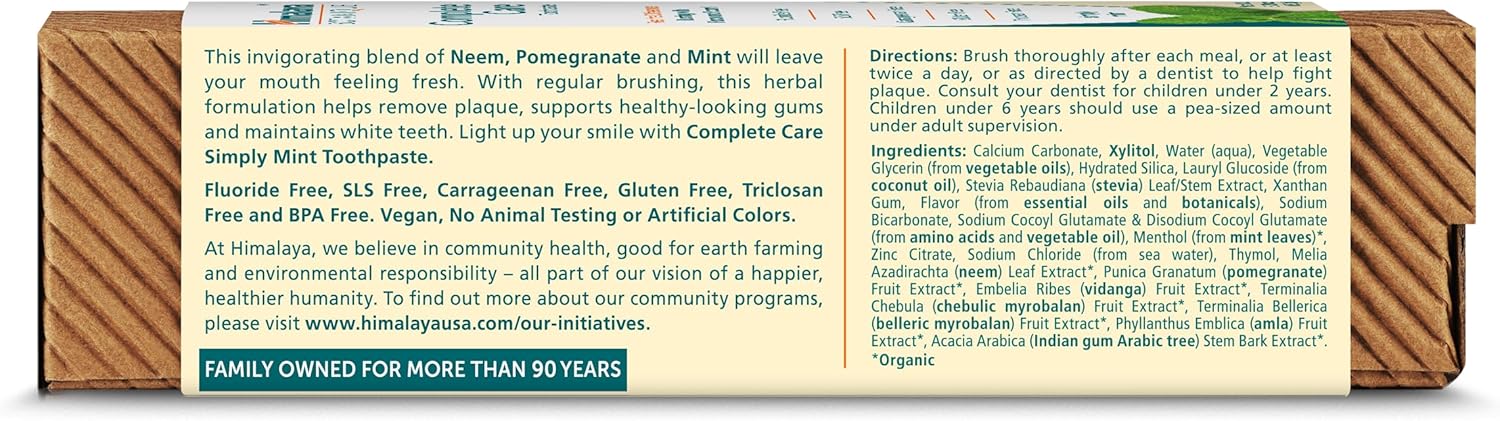 Toothpaste box back panel with ingredient and usage text, plus family-owned note.