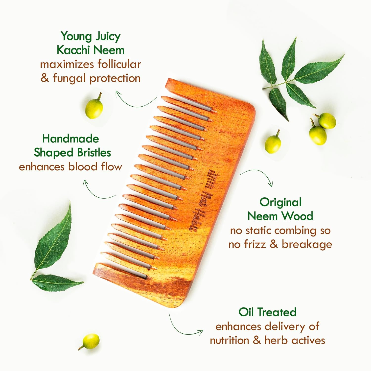 Nat Habit - Oil Treated Kacchi Neem Handmade Wooden Comb - Wide Tooth for Post Shampoo Detangling